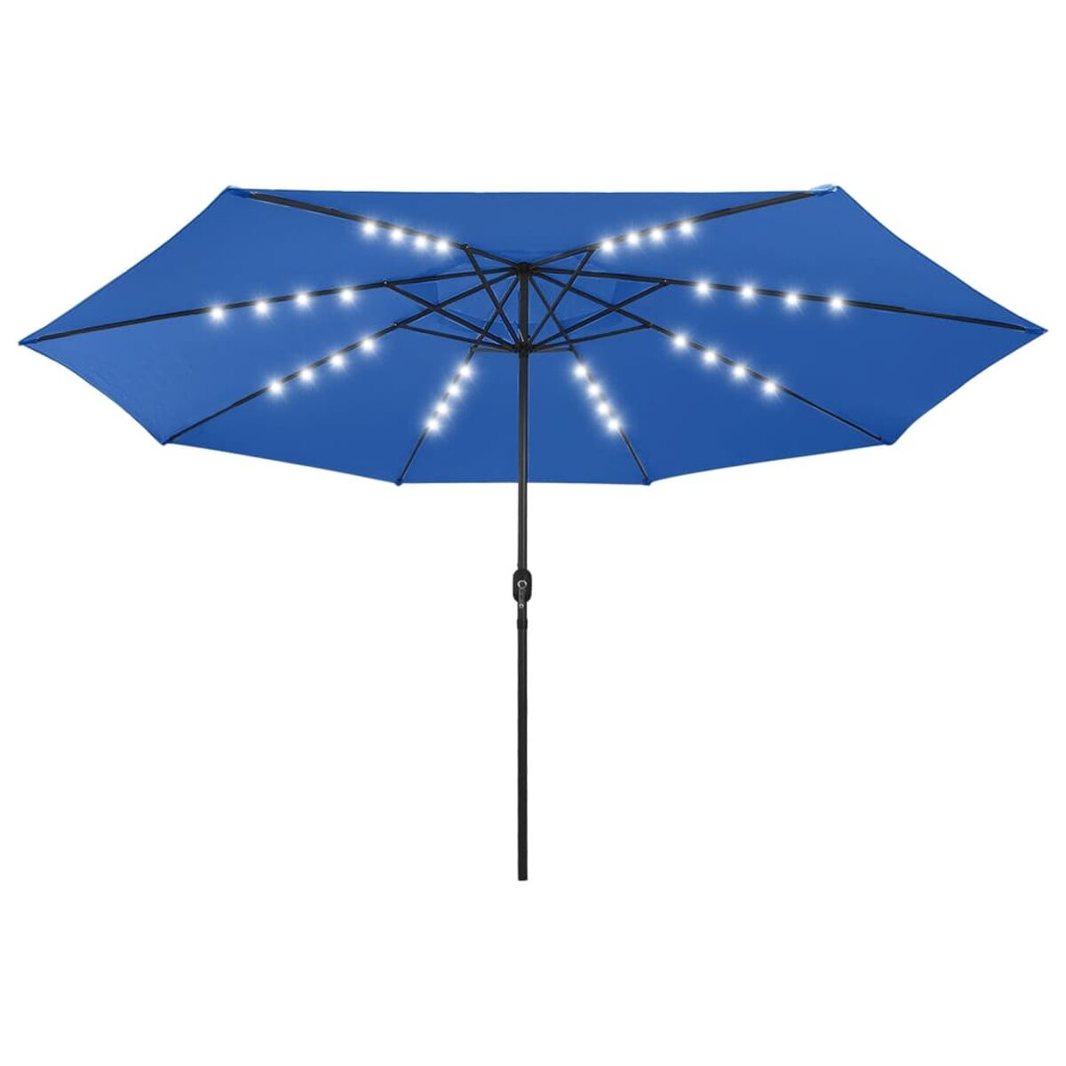 Blauer Regenschirm mit weißen Lichtern. Der Schirm ist geöffnet und die Lichter sind an.