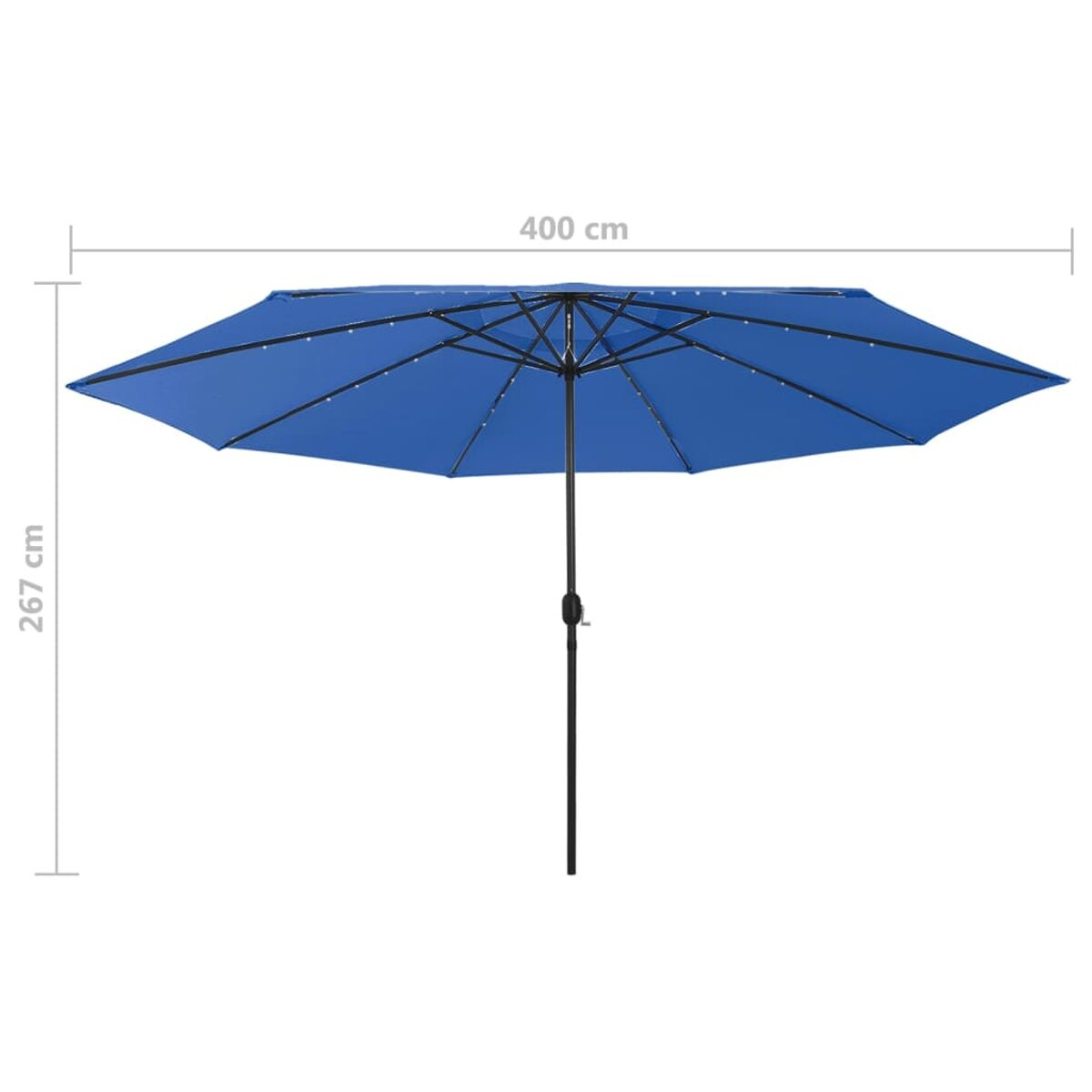 Blauer Sonnenschirm für den Außenbereich mit großer Spannweite, Maße: 400 cm x 267 cm, mit weißem Hintergrund.