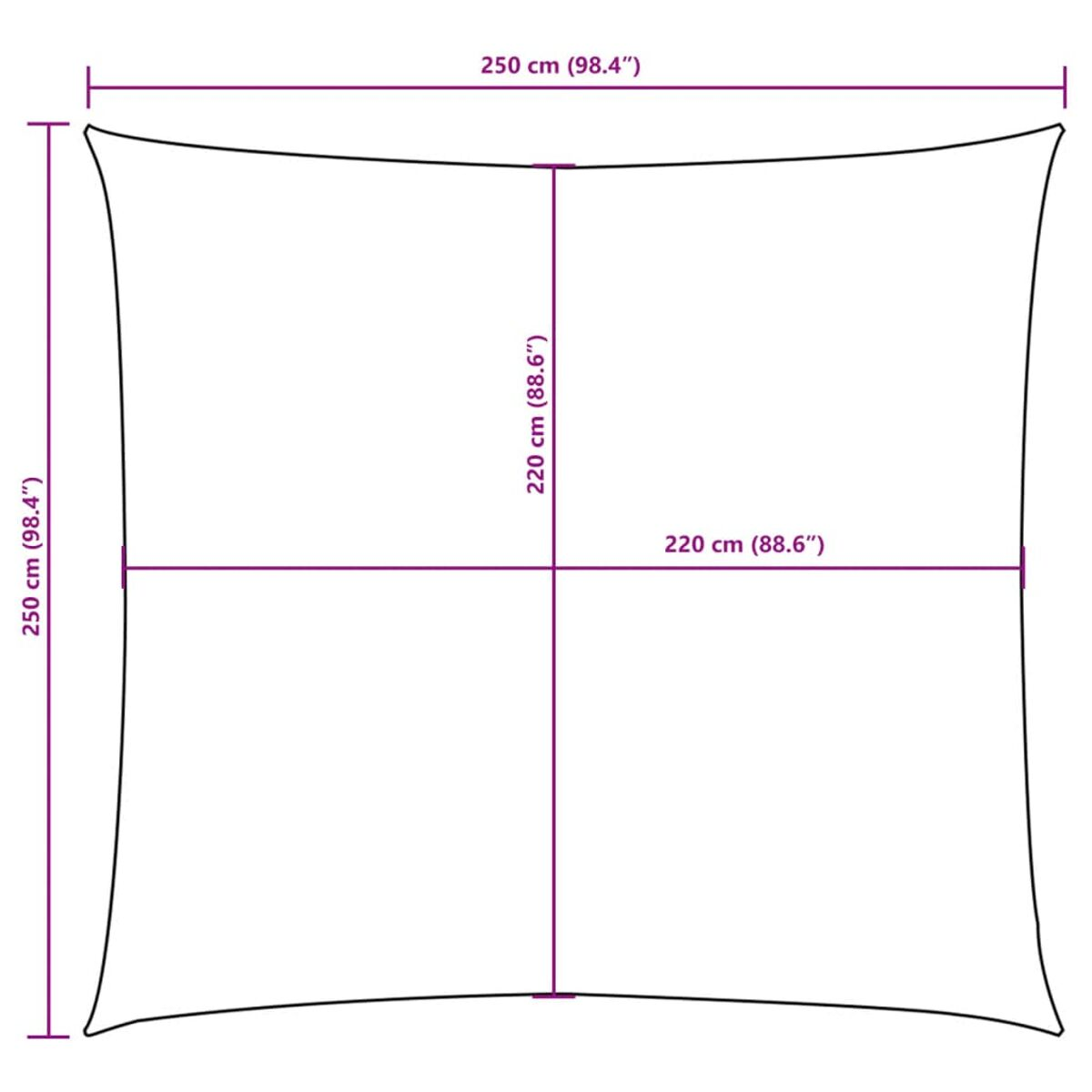Vela parasole quadrata con dimensioni in cm, su sfondo bianco.