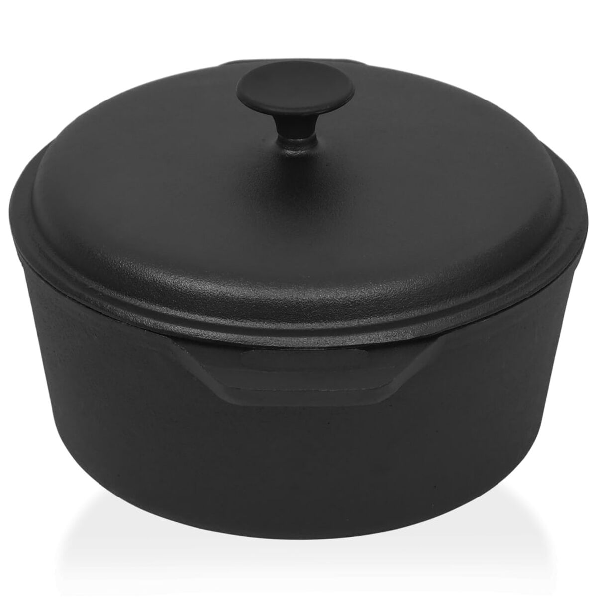 Olla de hierro fundido negro con tapa y asa lateral.