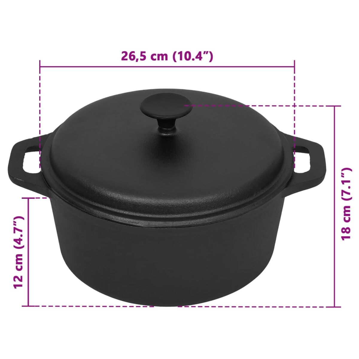 Olla de hierro fundido negra con tapa. Dimensiones: 26,5 cm de ancho y 18 cm de alto.