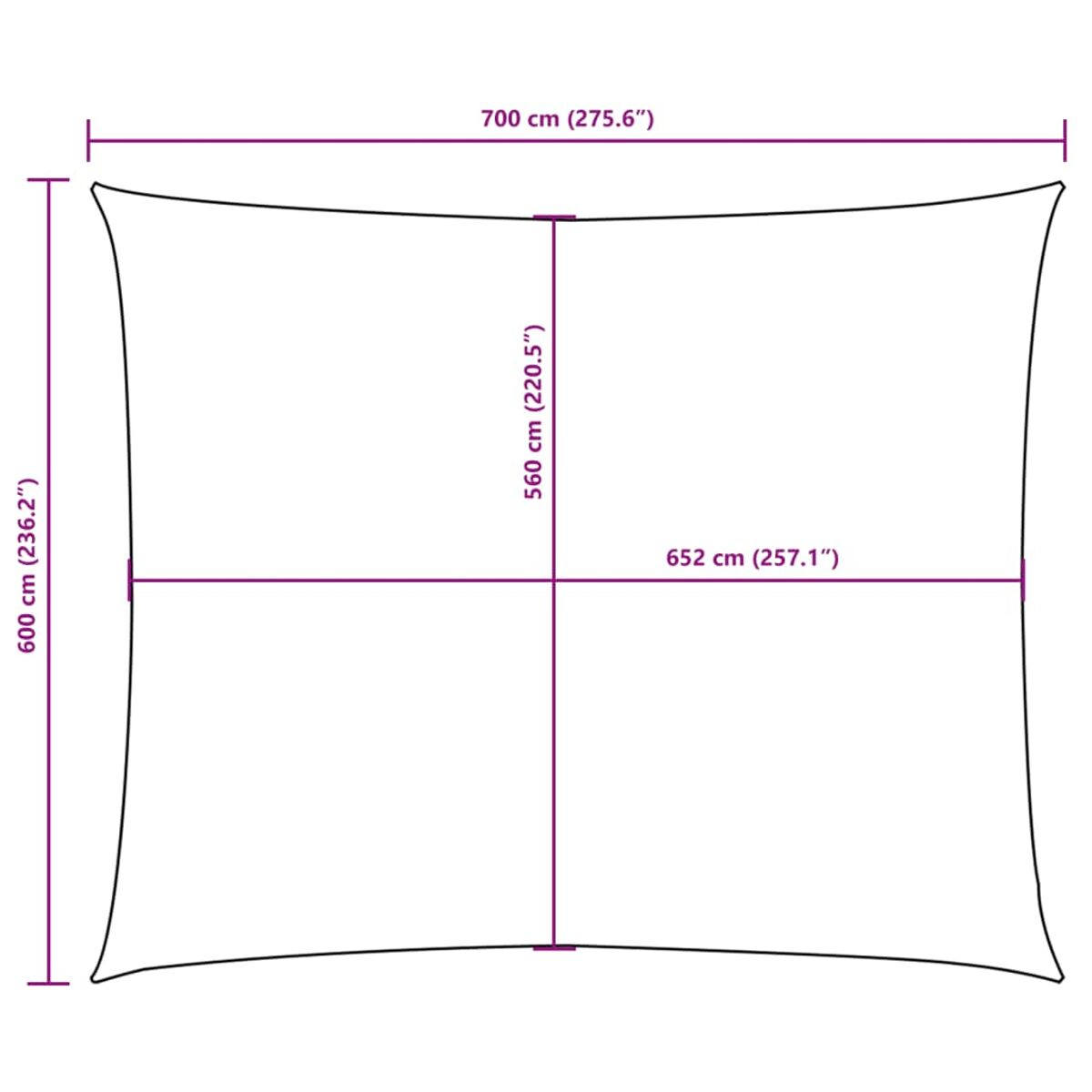 Weißes quadratisches Sonnensegel mit Abmessungen. 700x600cm. Weißer Hintergrund.
