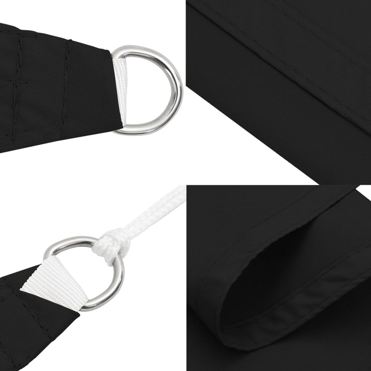 Vier Nahaufnahmen eines schwarzen Sonnensegels. Zeigt Ecken, Kanten und Details des Stoffes und der Ringe.