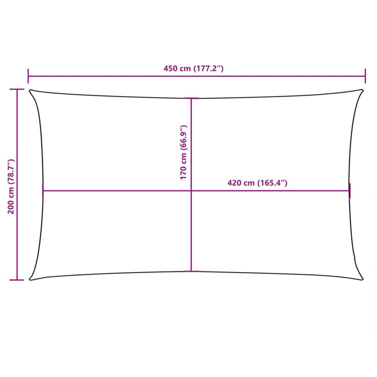 Rechteckiger Sonnenschirm mit den Maßen 450x200 cm. Die Maße sind in cm und Zoll angegeben.