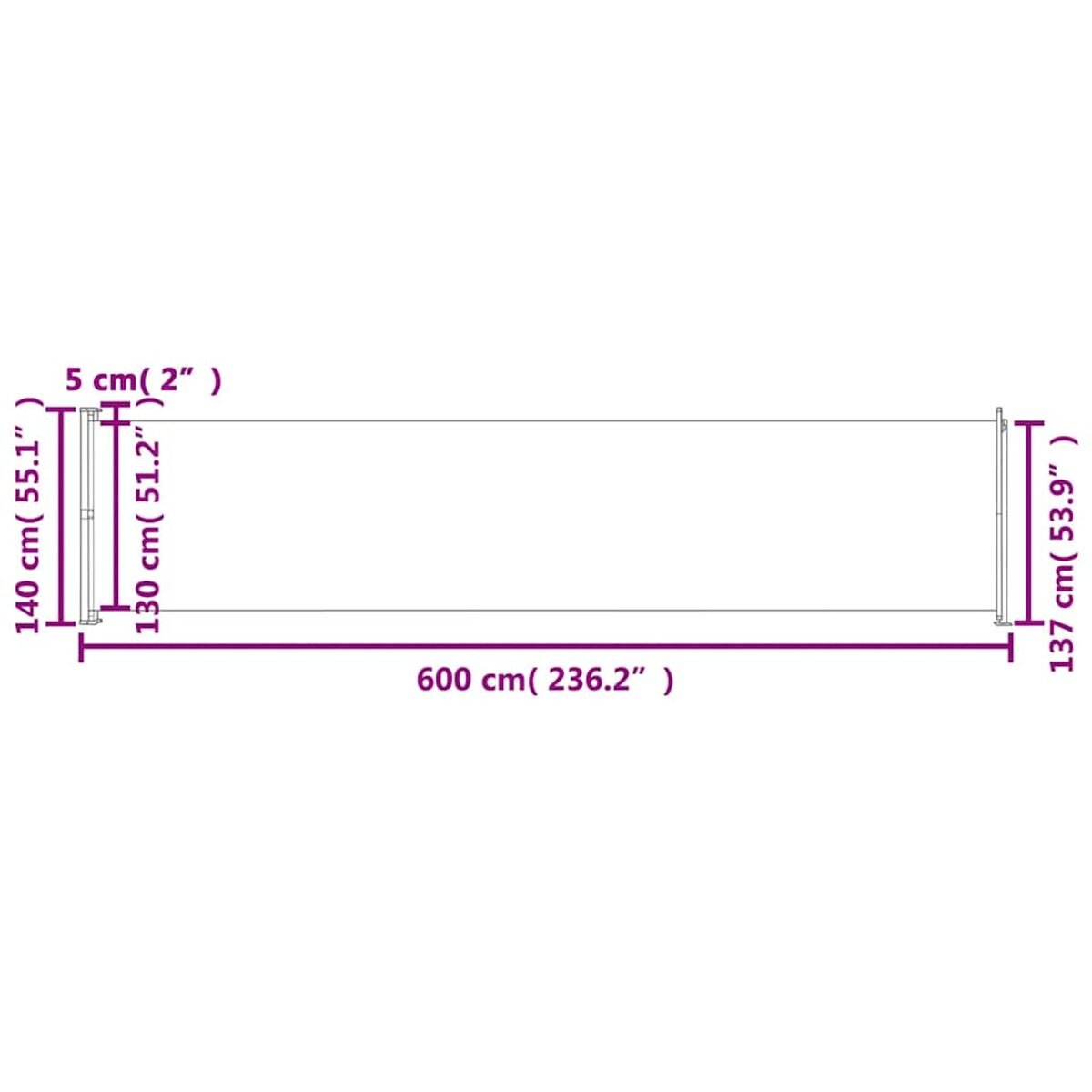 Diagramm eines langen, dünnen Objekts mit Abmessungen in cm und Zoll.