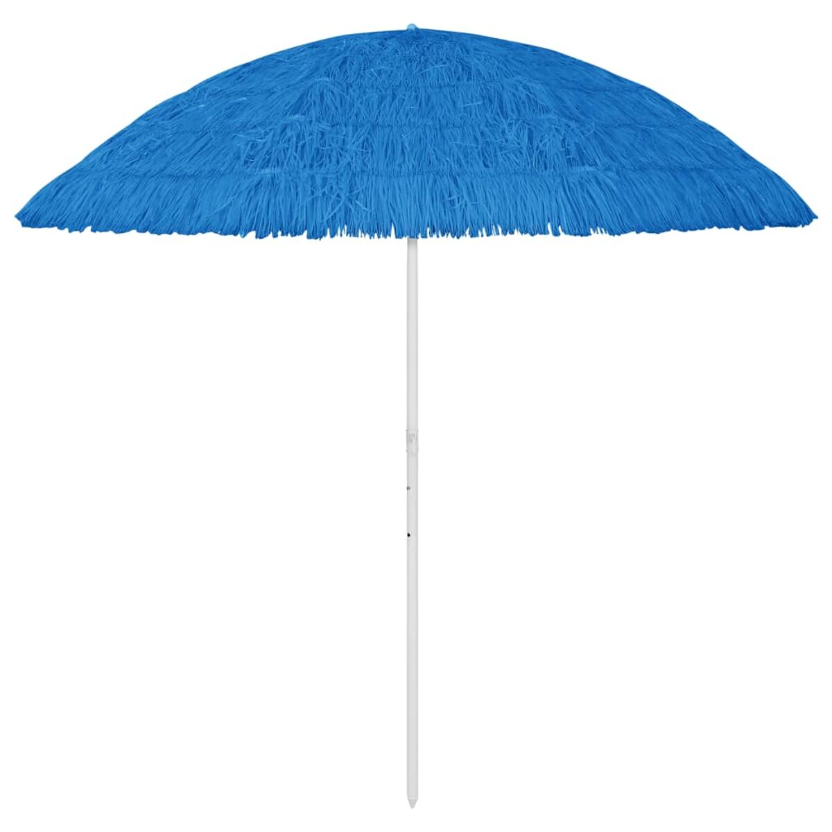 Blauer Strandsonnenschirm mit weißem Pfahl, isoliert auf weißem Hintergrund.