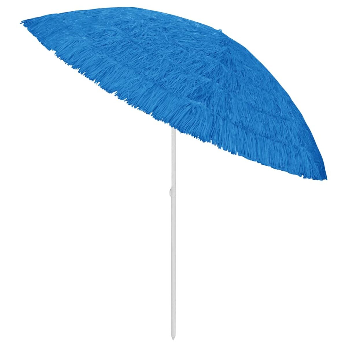Ein blauer Strandschirm mit weißem Pfahl. Der Schirm besteht aus strohartigem Material.