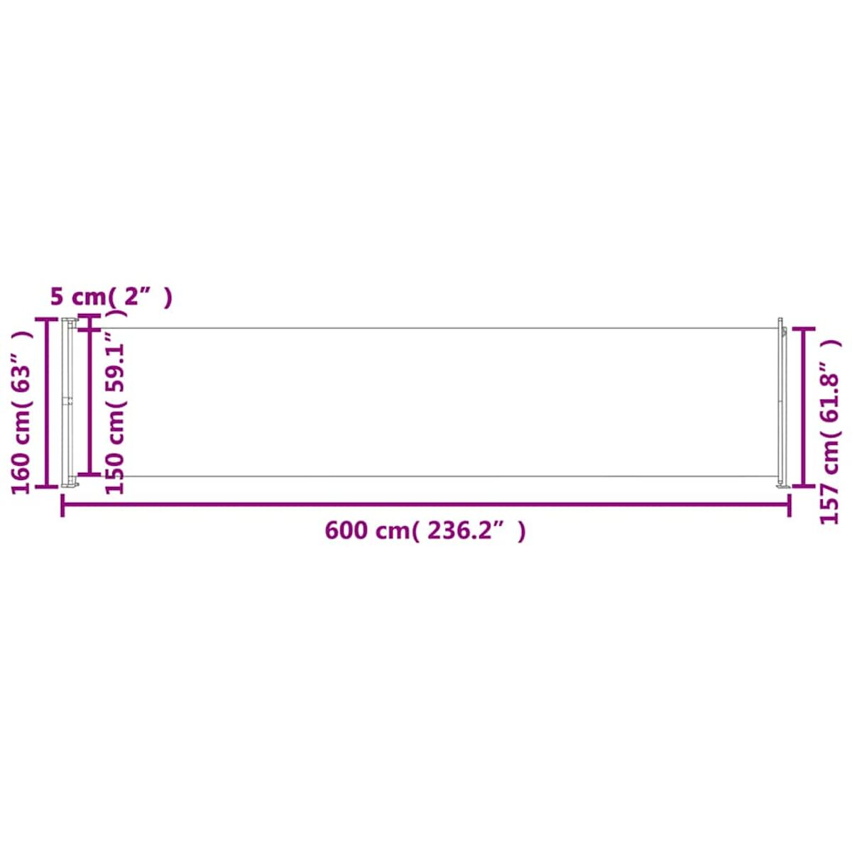 Diagramm eines langen, dünnen Objekts mit Abmessungen in cm und Zoll.