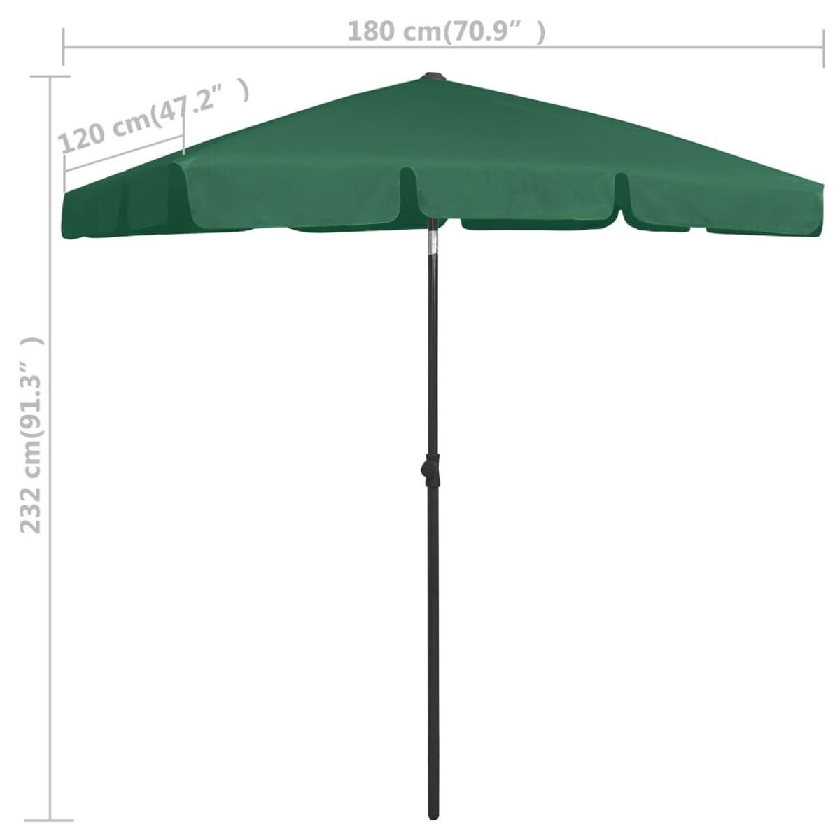 Grüner quadratischer Schirm mit den Maßen 180cm x 120cm x 232cm, weißer Hintergrund.