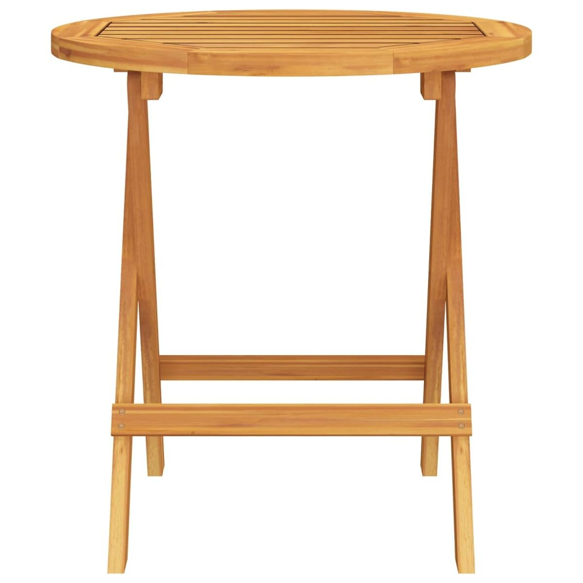 Ein runder Holztisch mit Lattenrost und Klappbeinen, ist leer und isoliert.