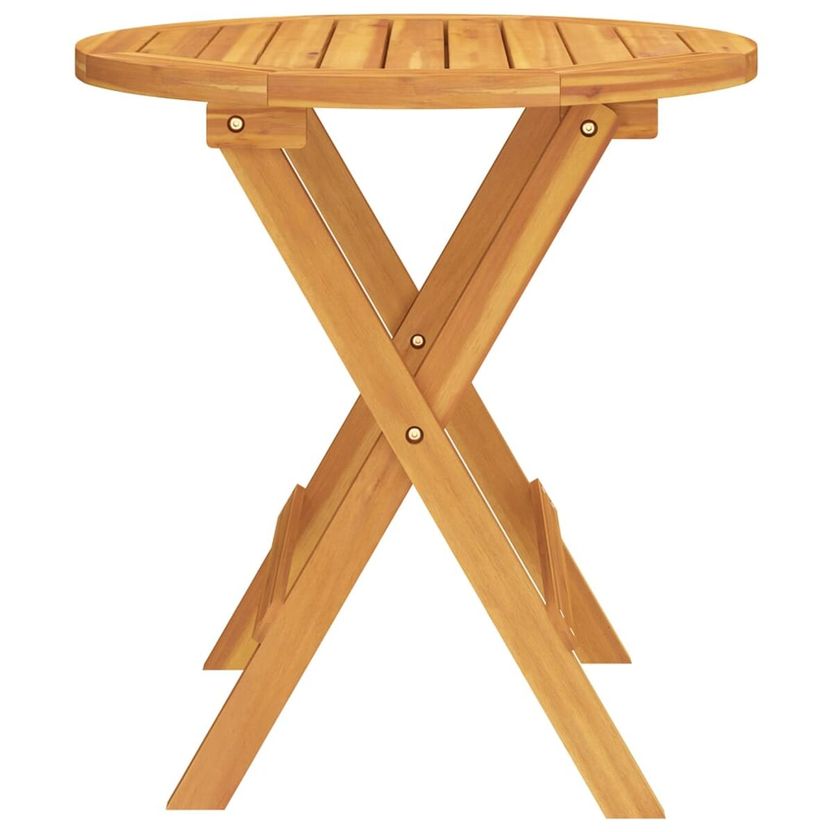 Kleiner runder Holztisch, gefaltet, mit einem kreuzbeinigen Gestell.