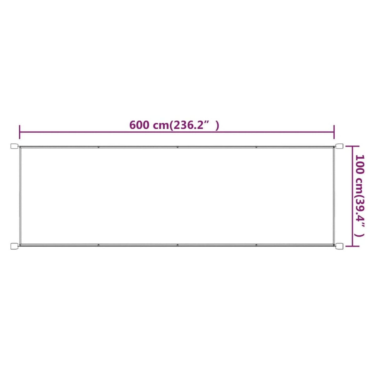 Ein weißer Hintergrund zeigt einen rechteckigen Sonnenschutz mit den Maßen 600 cm x 100 cm.