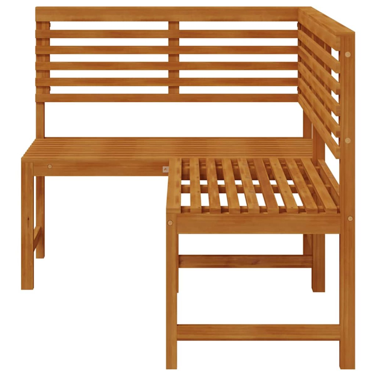 Eckbank aus Holz mit horizontalen Lamellen. Naturholzfarbe, einfaches Design.