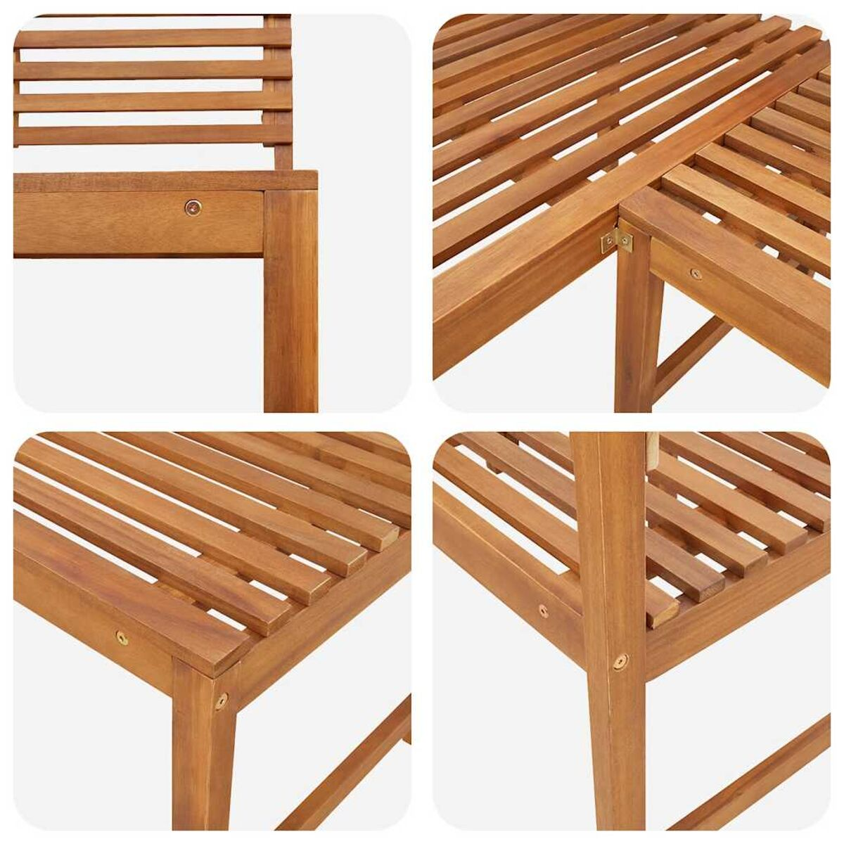 Mehrere Ansichten eines Holzmöbelsets. Zu den Merkmalen gehören Lamellen und Tischlerei.