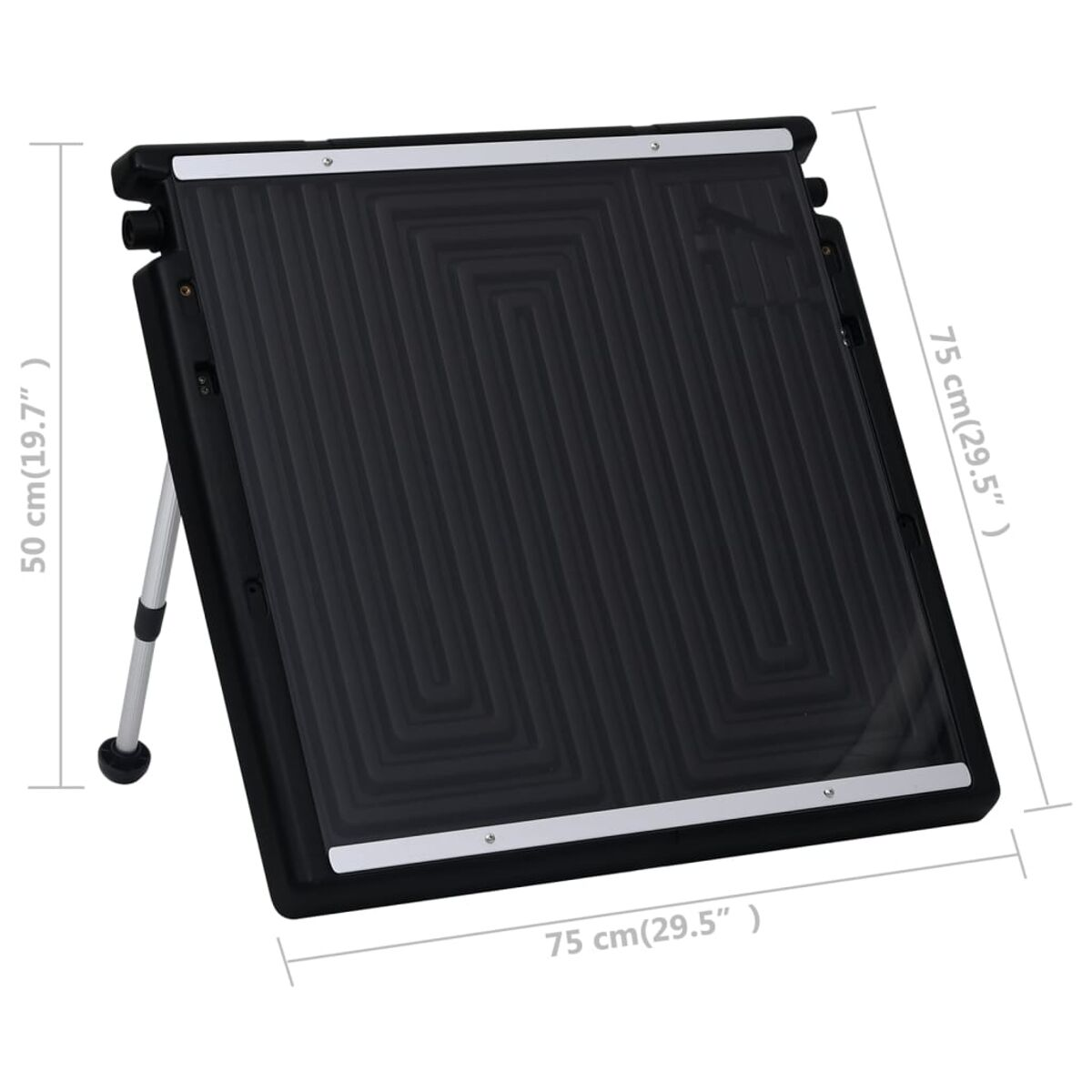 Ein schwarzes Solarpanel mit Halterungen, es hat Abmessungen, auf weißem Hintergrund.
