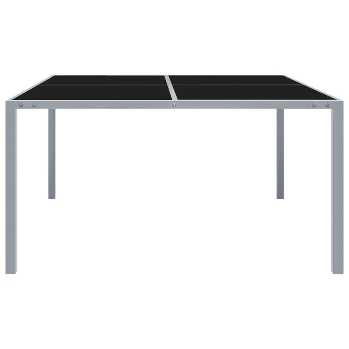 Quadratischer Tisch mit schwarzer Glasplatte und silbernem Metallrahmen. Vier Beine.
