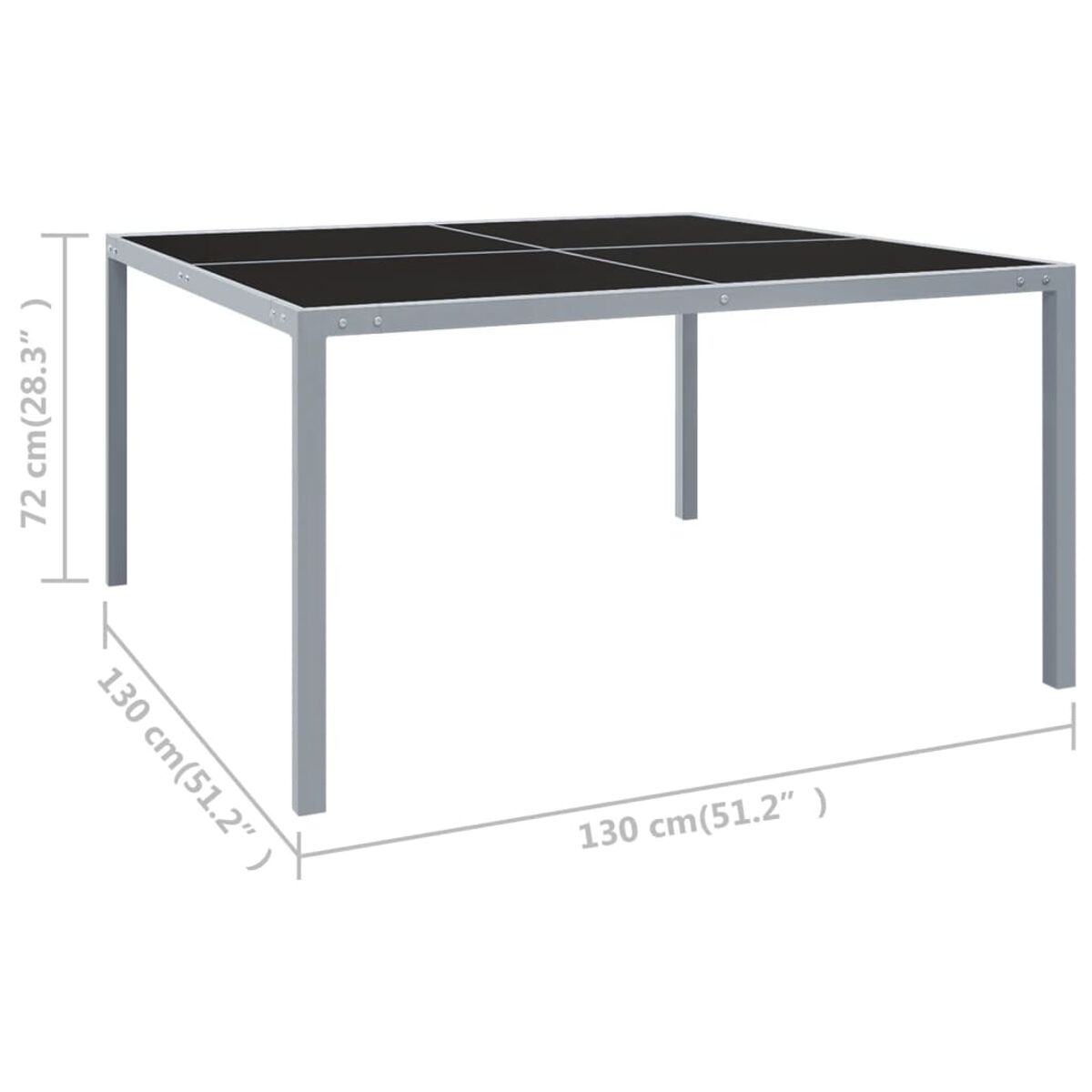 Ein quadratischer Gartentisch mit dunkler Oberfläche und silbernen Beinen. Maße in cm und Zoll.