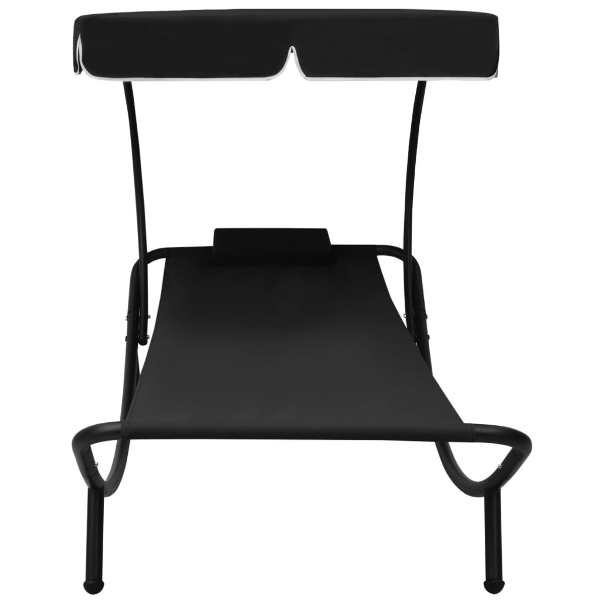 Eine schwarze Liege mit Baldachin. Die Struktur ist gebogen, mit schwarzem Rahmen und Stoff.