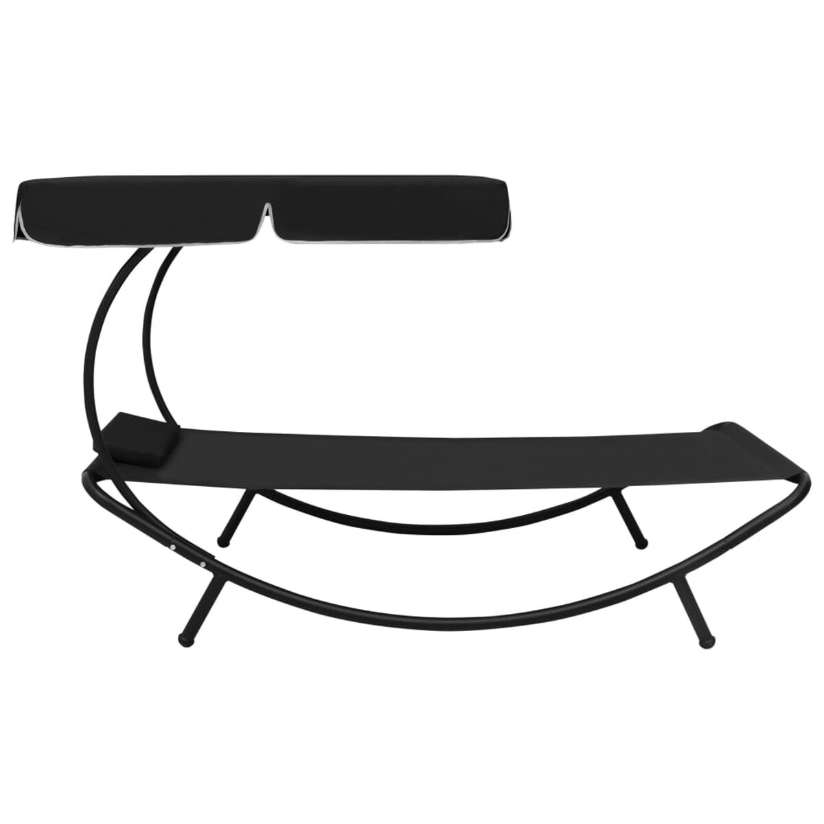 Eine schwarze, geschwungene Chaiselongue mit Baldachin und Kissen, auf weißem Hintergrund.
