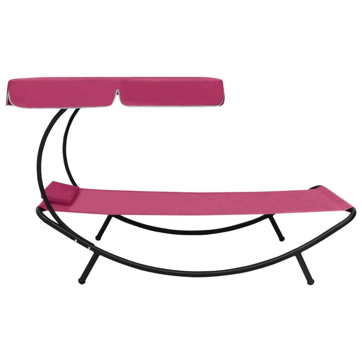 Eine rosa Sonnenliege mit Baldachin, schwarzem Rahmen und geschwungener Basis.