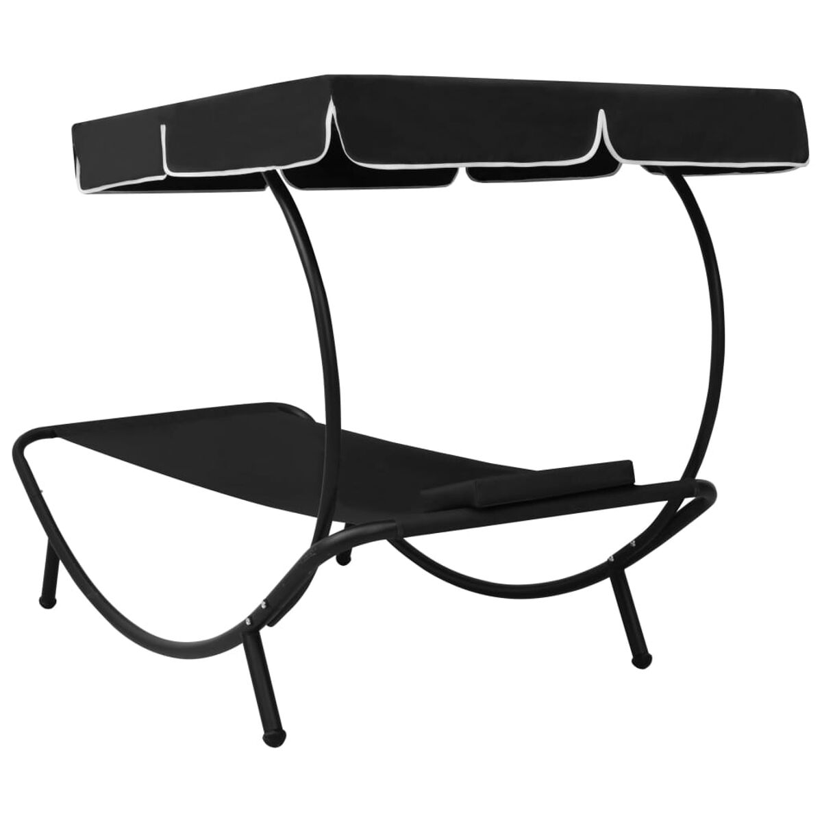 Eine schwarze Chaiselongue mit schwarzem Baldachin und weißem Besatz. Der Rahmen ist gebogen und schwarz.