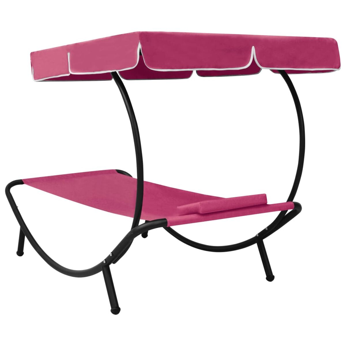 Eine rosa Liege mit Baldachin. Die Struktur ist gebogen, mit schwarzem Rahmen und rosa Stoff.
