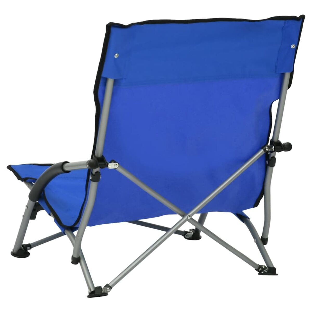 Ein blauer Klappstuhl, von hinten gesehen. Er hat einen blauen Sitz. Weißer Hintergrund.