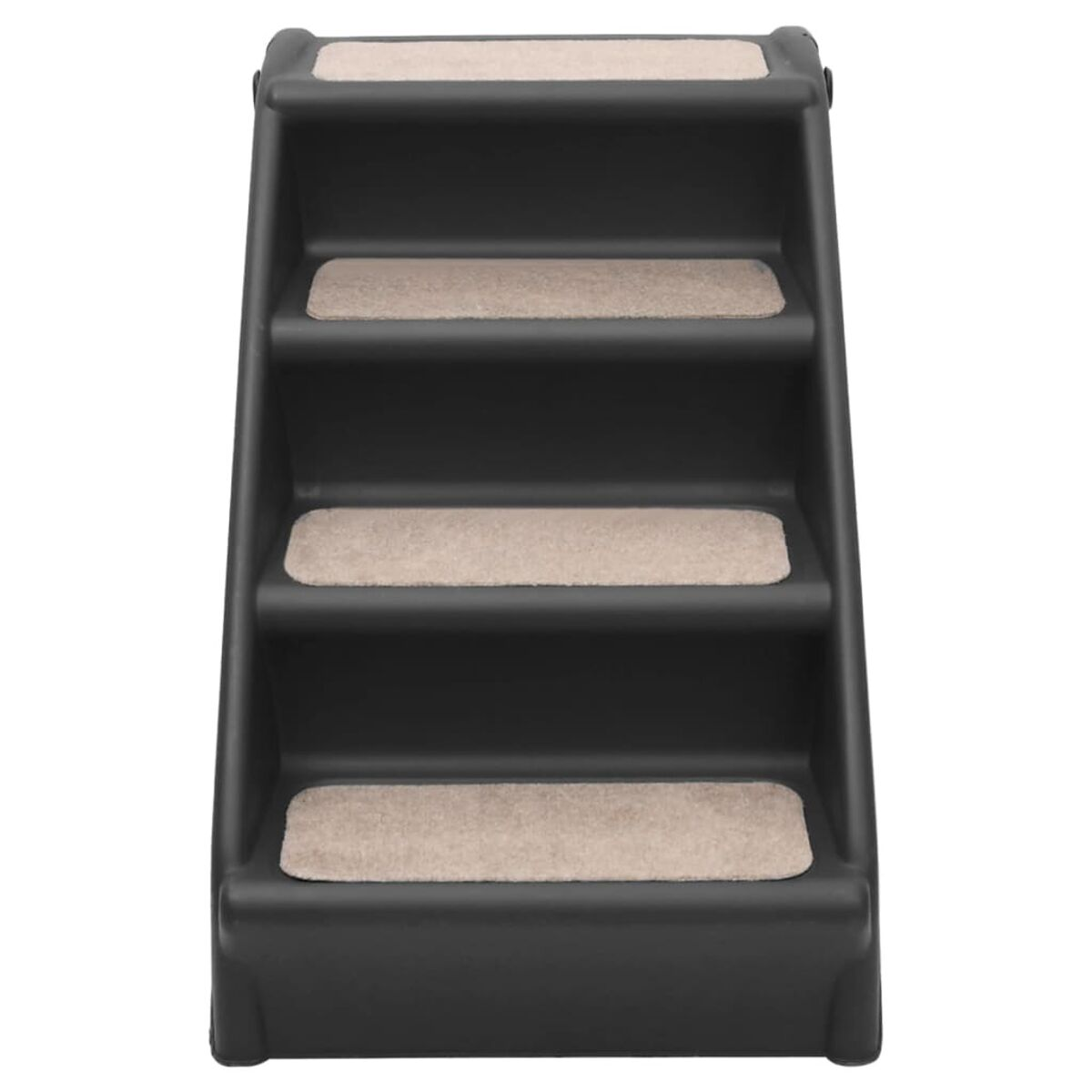 Schwarze Haustier-Treppe mit beigen Teppichstufen. Es ist eine Treppe für kleine Tiere.
