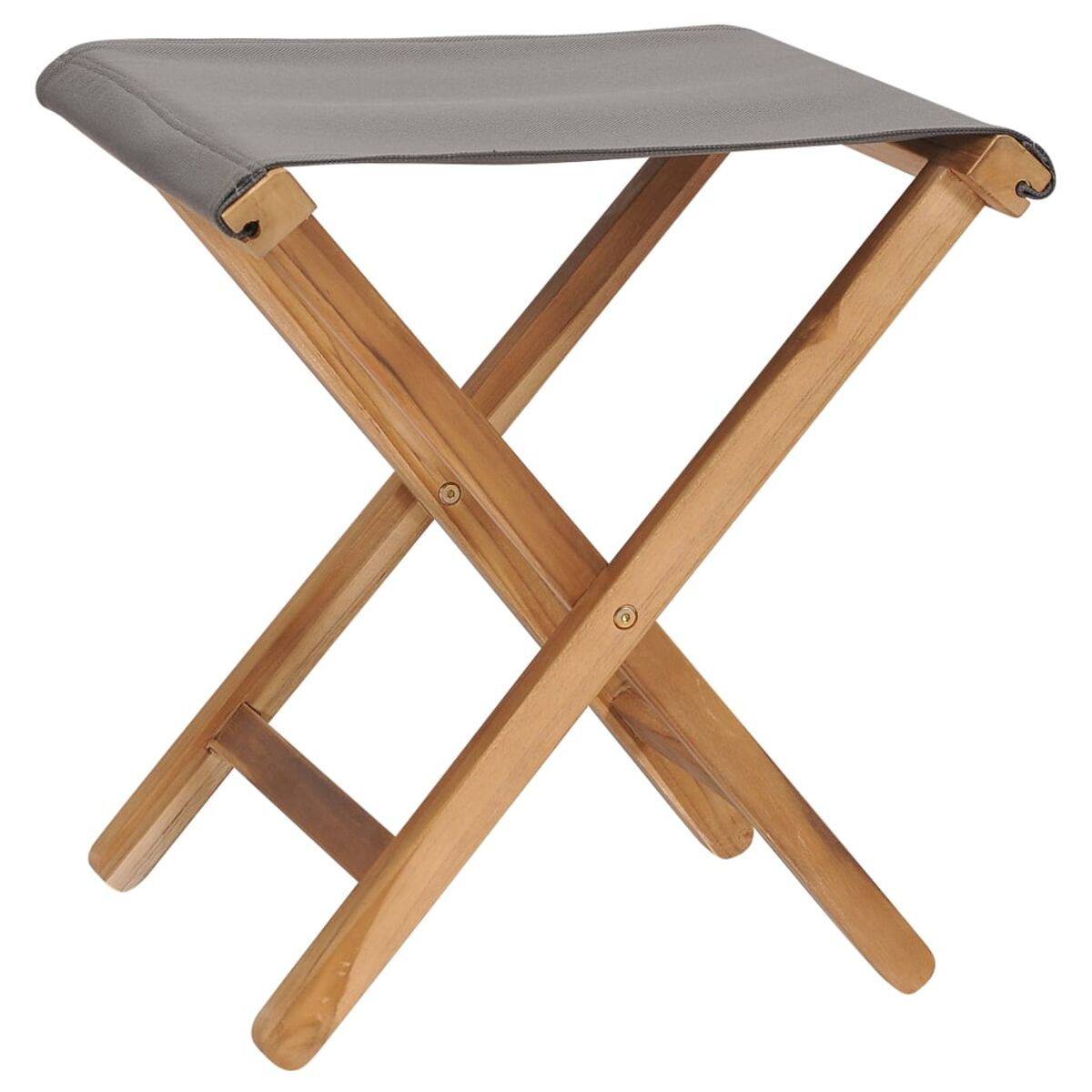 Klapphocker aus Holz mit grauem Sitz. Der Hocker steht vor weißem Hintergrund.
