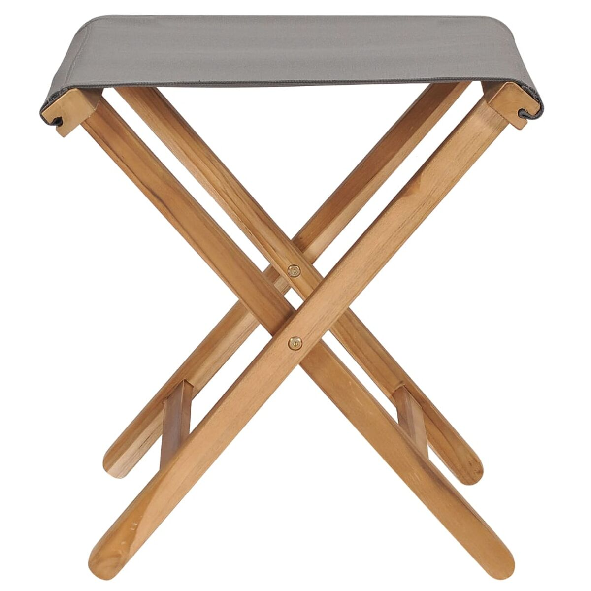 Ein hölzerner Klapphocker mit grauem Sitz, von der Seite betrachtet.