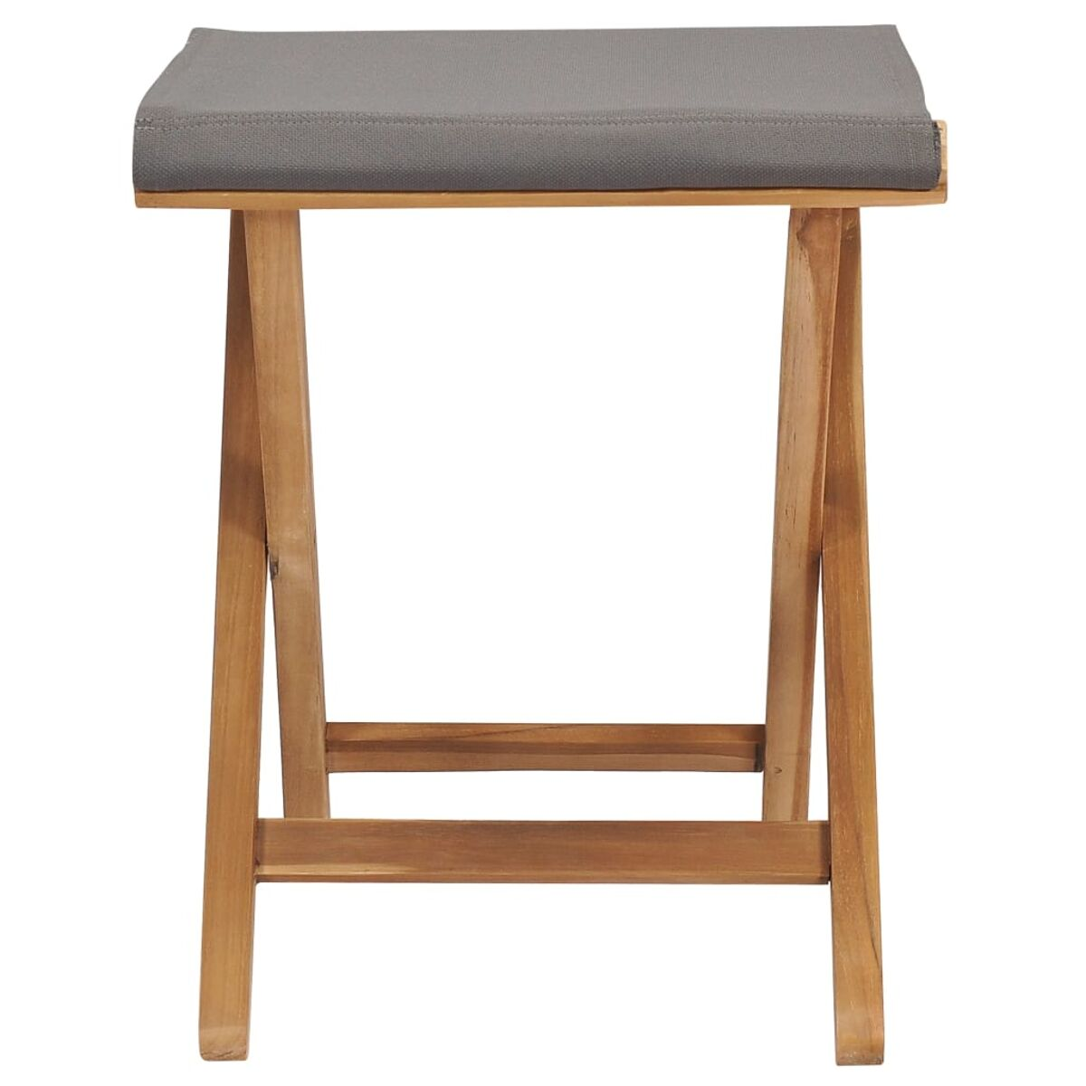 Hocker aus Holz mit grauem Kissen. Vorderansicht, schlichtes Design.