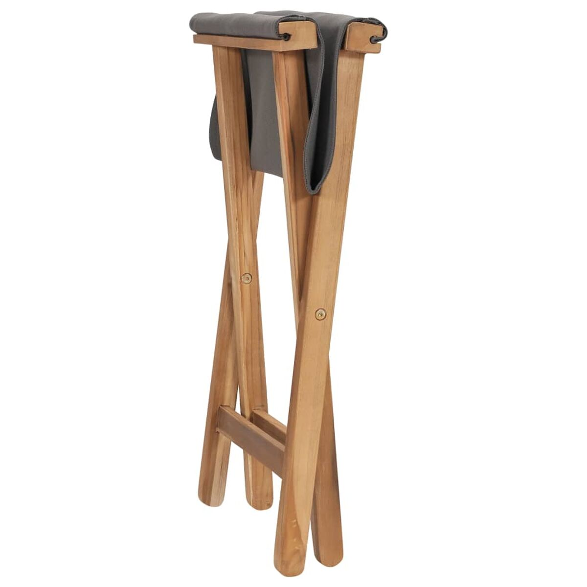 Klapphocker aus Holz mit grauem Sitz. Braune Holzbeine sind zusammengeklappt. Der Hocker ist kompakt und tragbar.