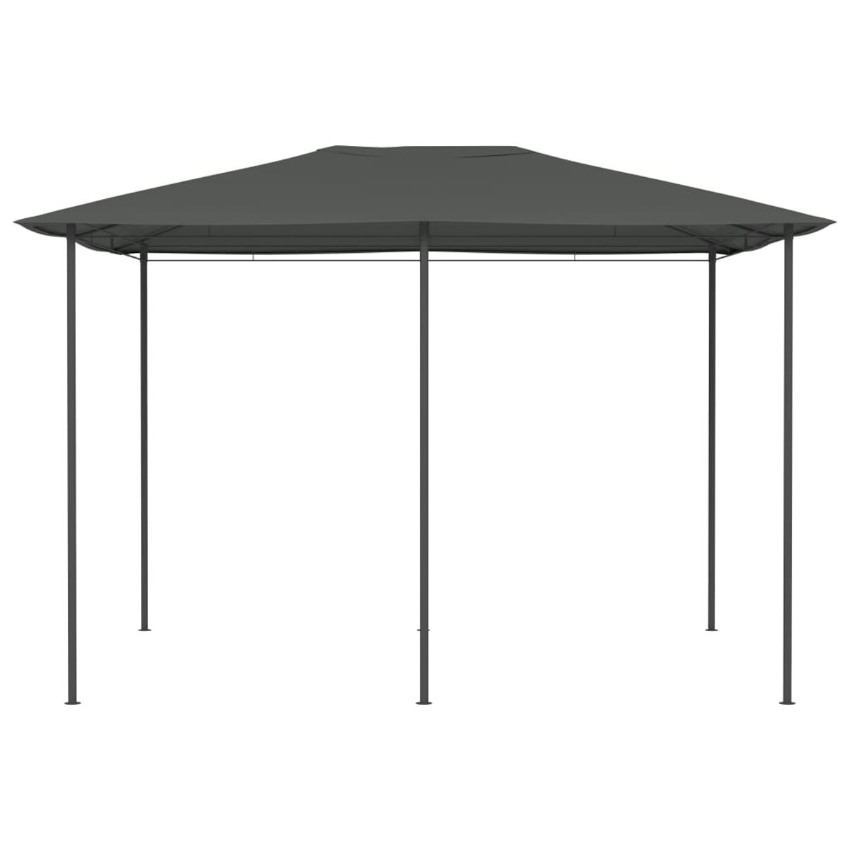 Ein quadratischer, dunkelgrauer Pavillon mit vier Beinen und passendem Dach wird gezeigt.