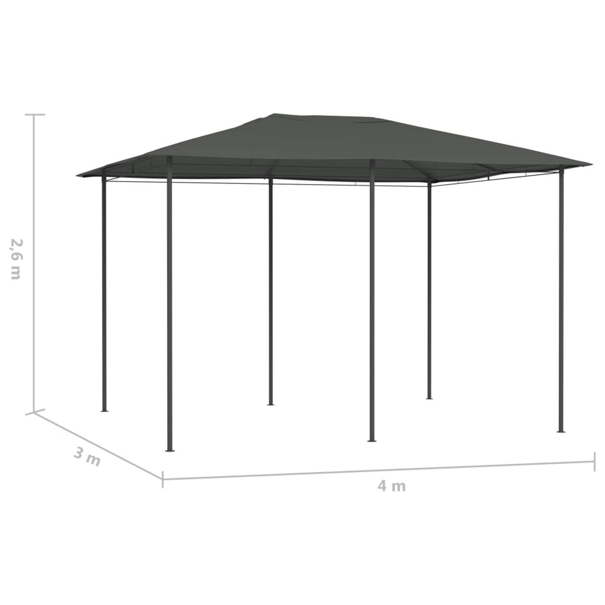 Ein grauer Pavillon mit Abmessungen wird vor weißem Hintergrund angezeigt.