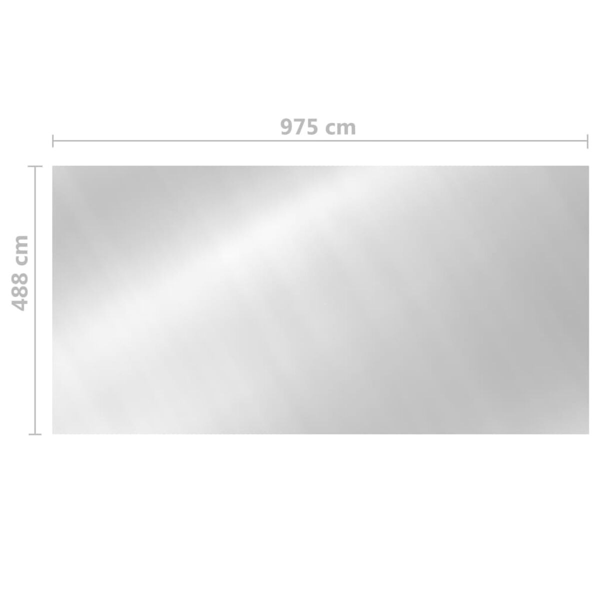 Ein großes, reflektierendes silbernes Rechteck mit den Maßen: 975 cm x 488 cm.
