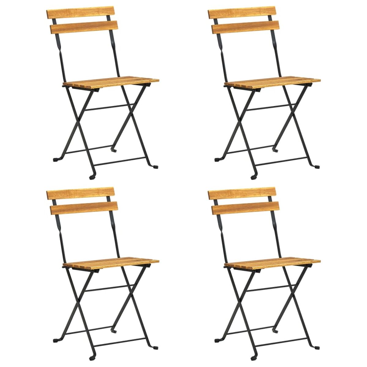 Vier Klappstühle mit Holzsitzen und schwarzen Gestellen.