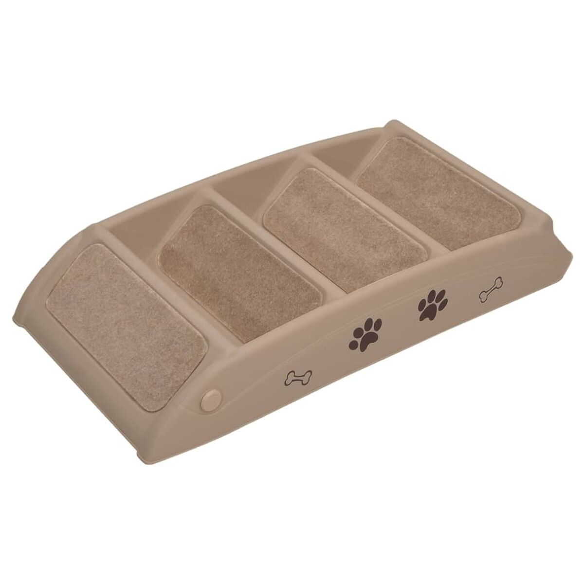 Eine beige Haustier-Schüssel mit vier Fächern und Pfoten/Knochen-Designs. Nahaufnahme.