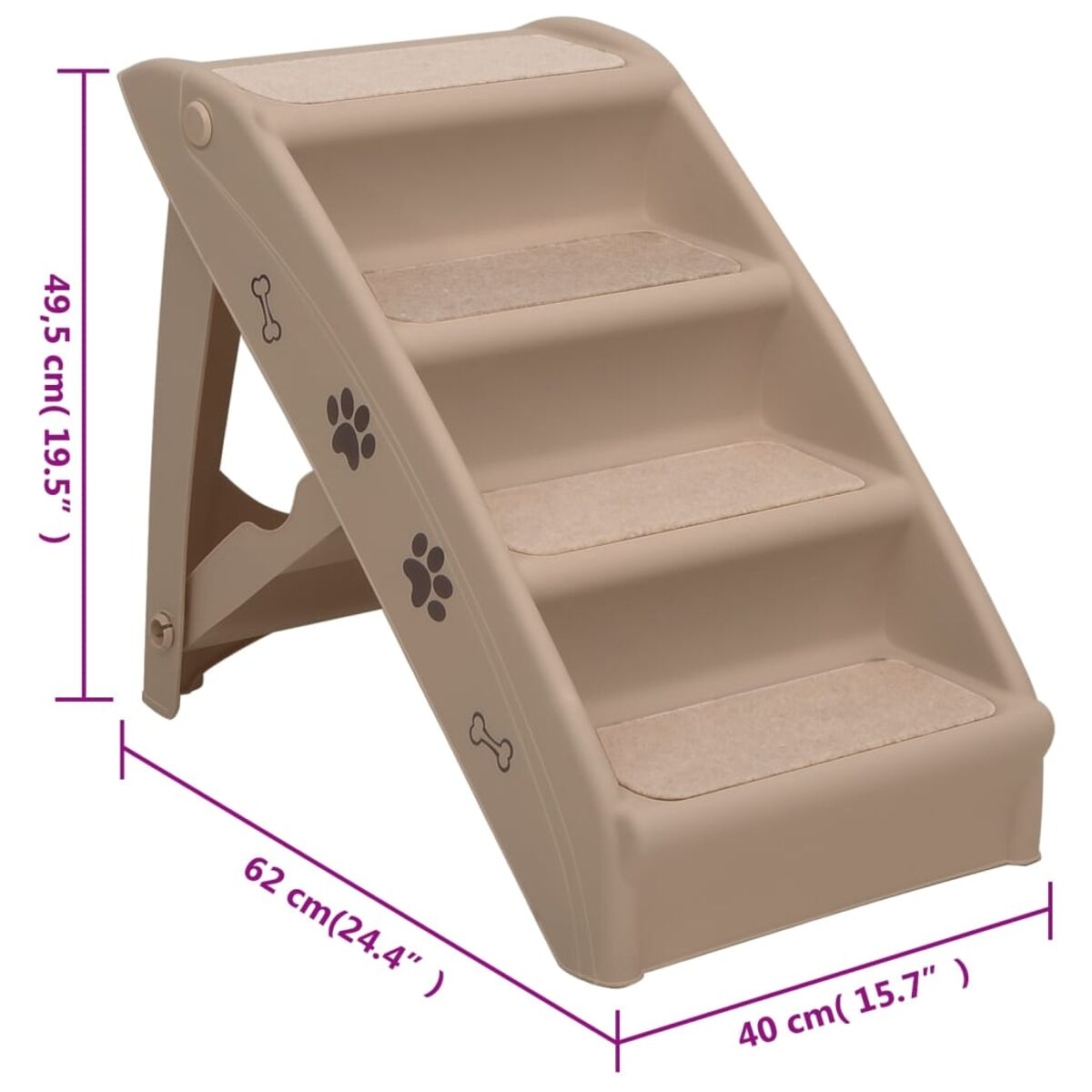 Beige Hundetreppen mit Pfotenabdrücken und Knochen. Abmessungen: 62 cm lang, 40 cm breit, 49,5 cm hoch.