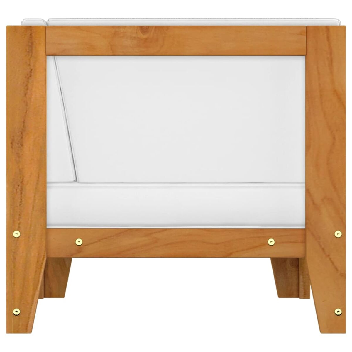 Ein Holzstuhl. Der Rücken ist weiß, das Gestell braun. Der Stuhl hat vier Beine.