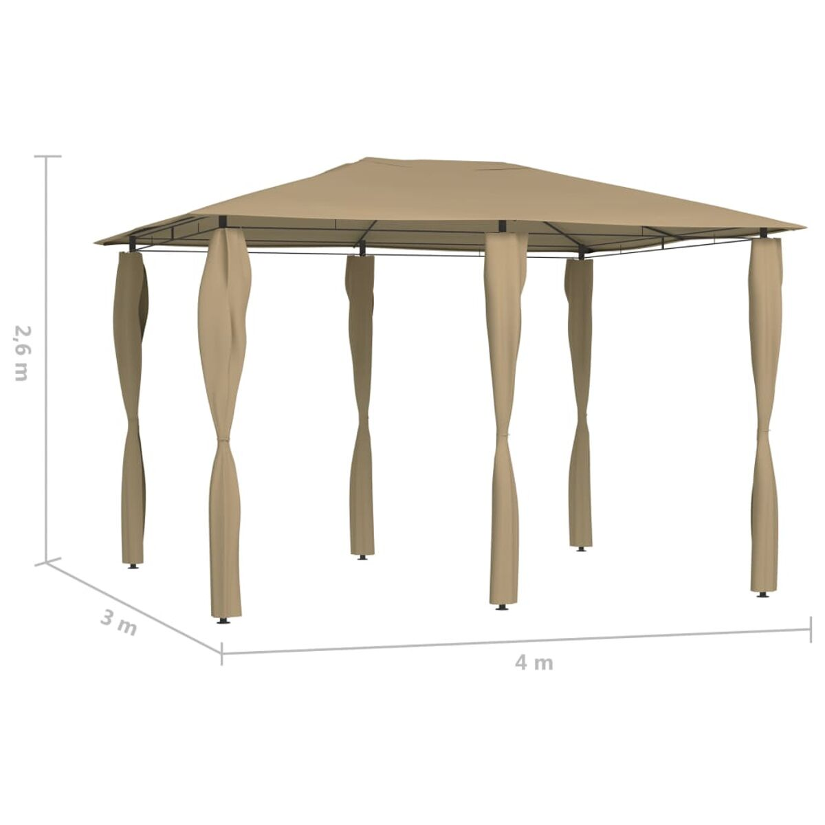 Ein beigefarbener Pavillon mit Vorhängen und einem strukturierten Dach. Abmessungen werden angezeigt.