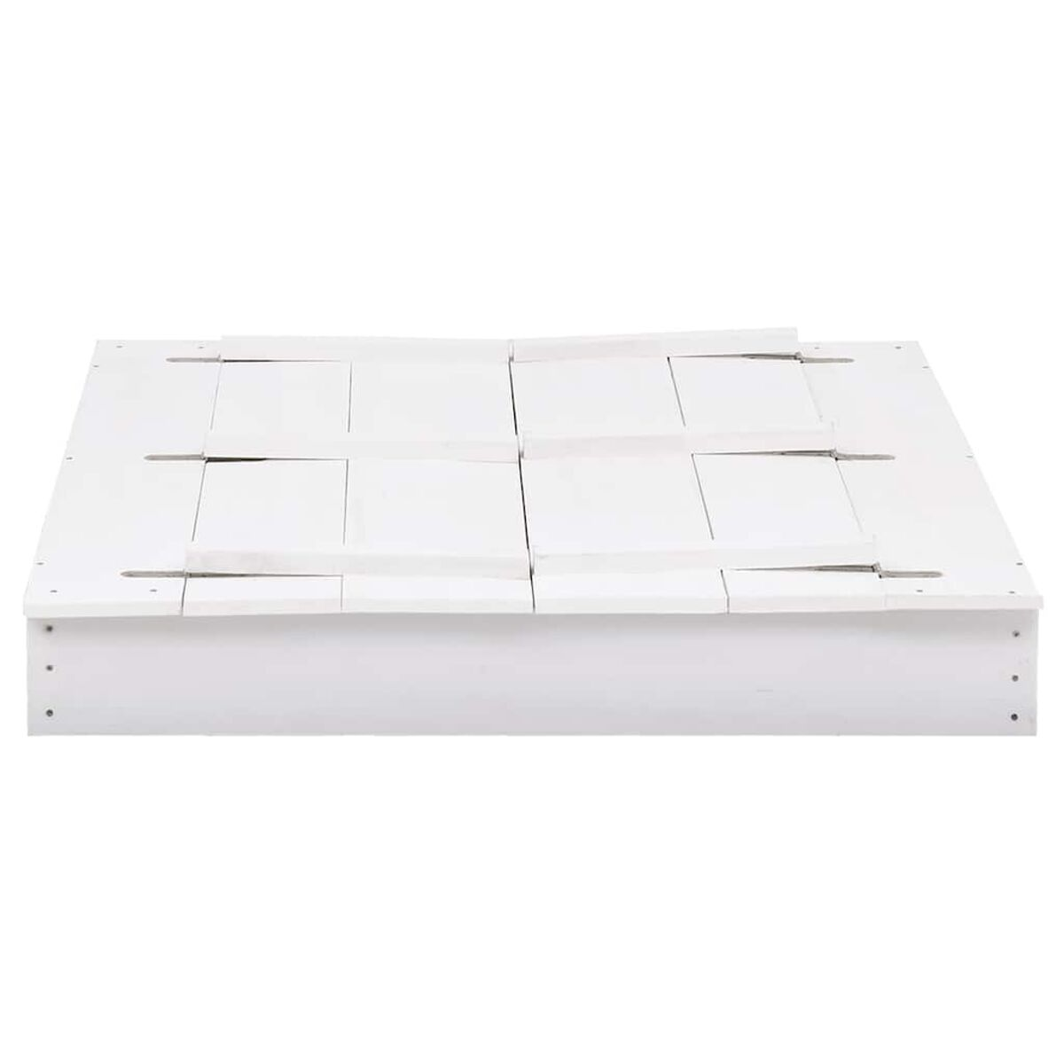 Una base letto rettangolare bianca. È composta da più pannelli collegati e ha un profilo basso.