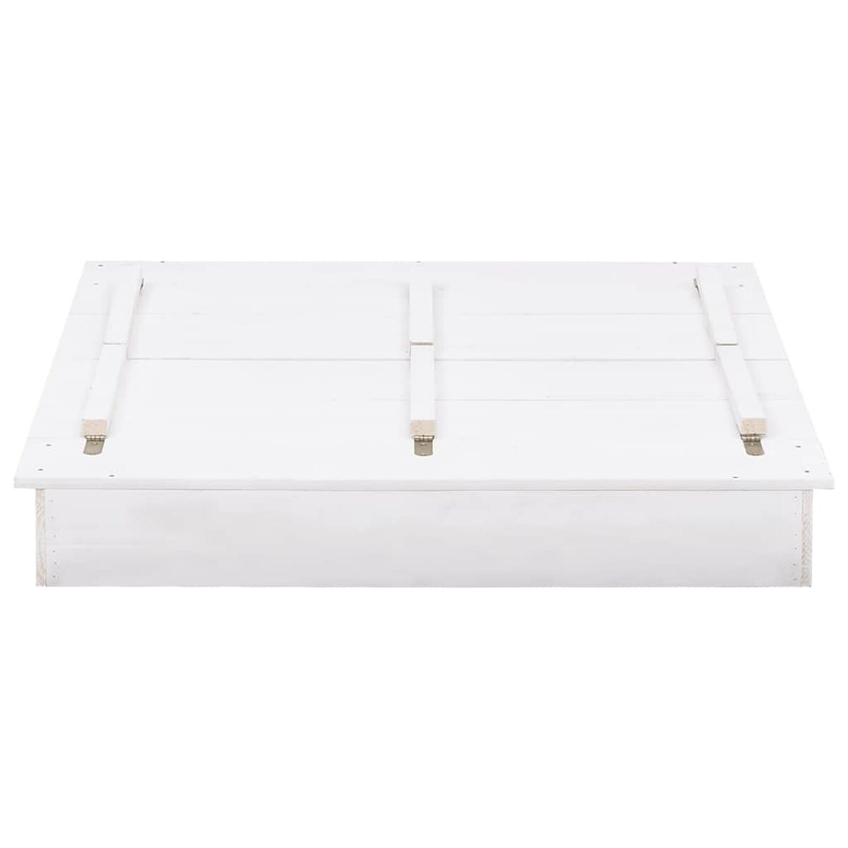 Una scatola bianca aperta con interno bianco, con supporti in legno sulla parte superiore.