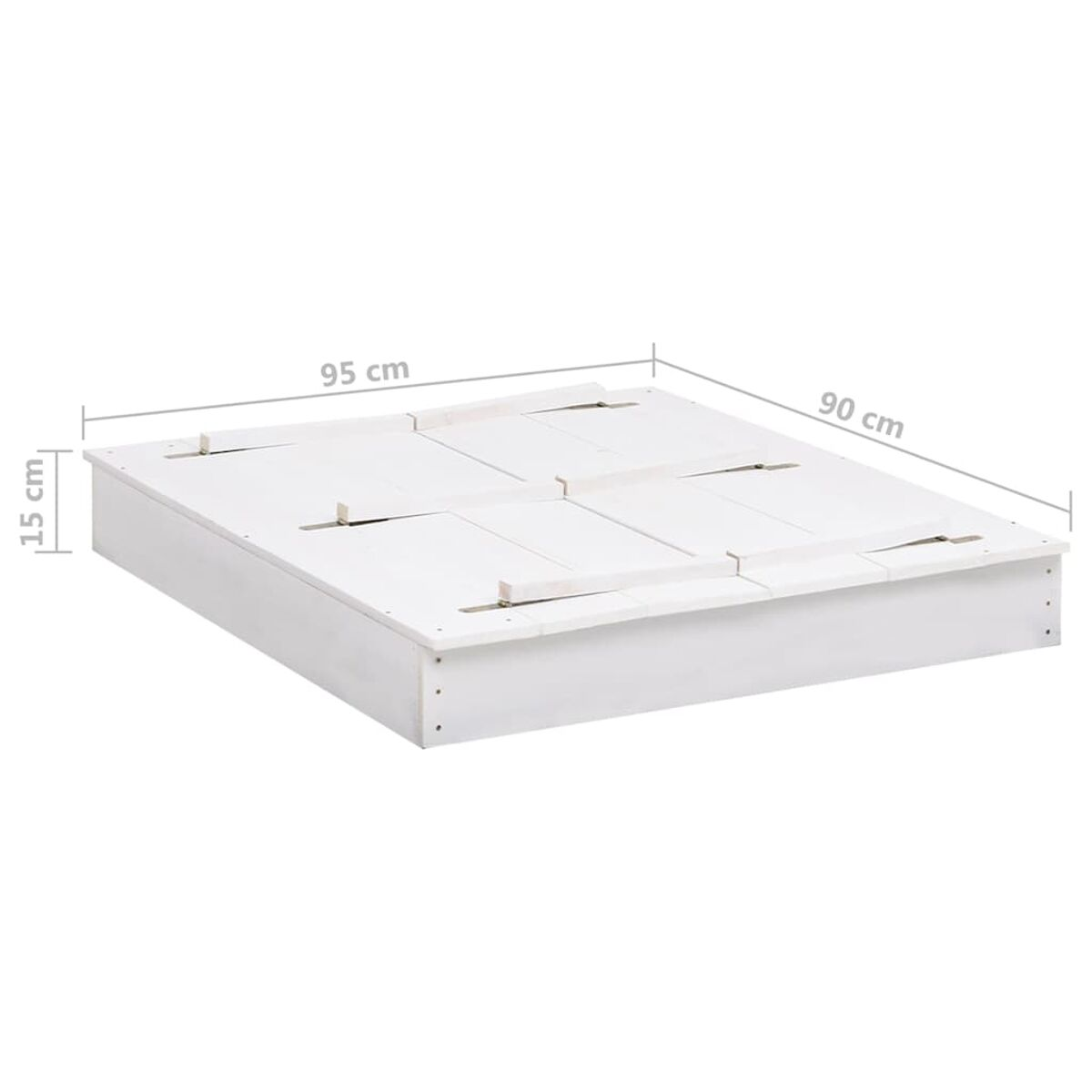 Una base letto in legno bianco. Ha quattro assi di legno e una forma rettangolare, con dimensioni etichettate.