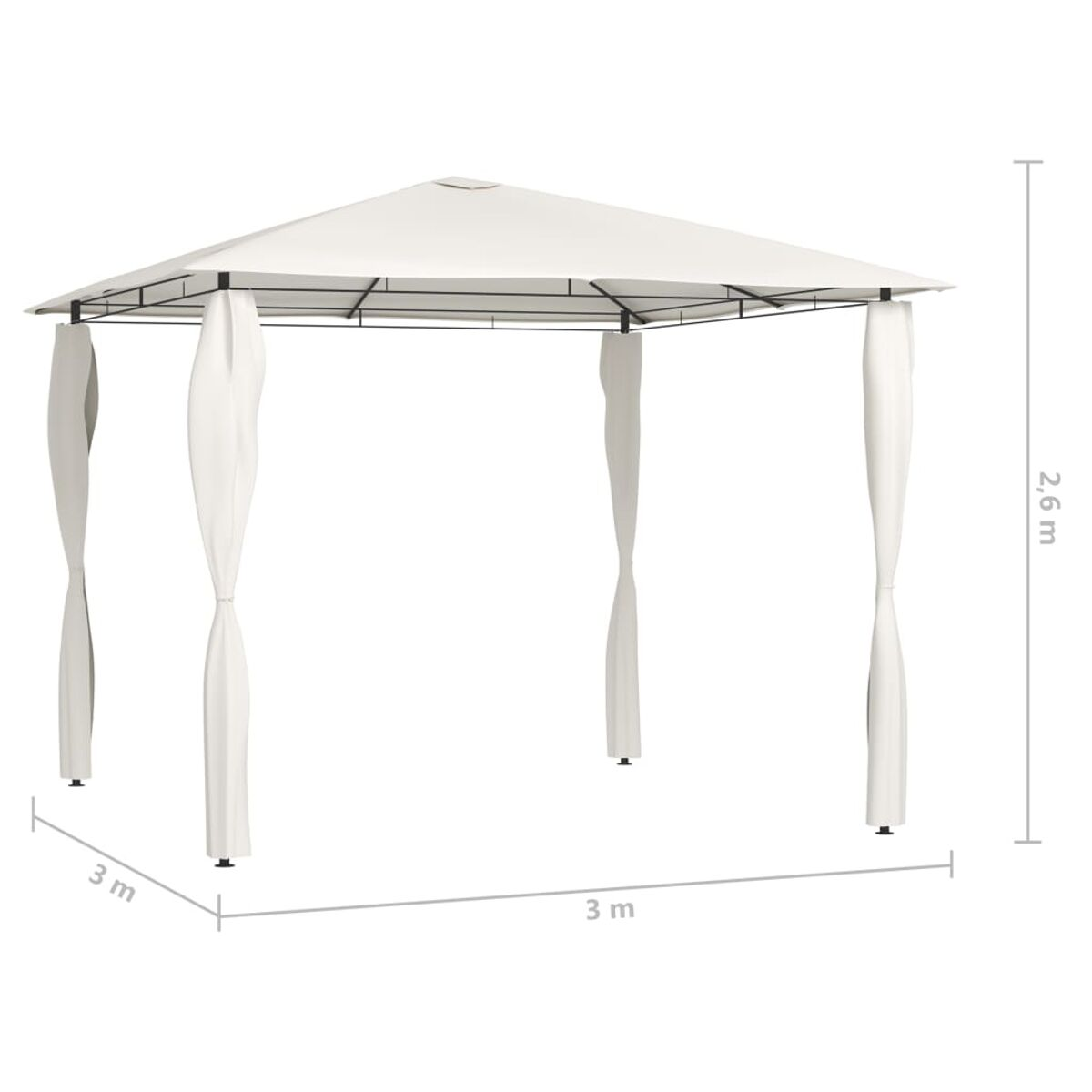 Weißer Pavillon mit weißen Vorhängen. Der Pavillon ist 3m x 3m und 2,6m hoch.
