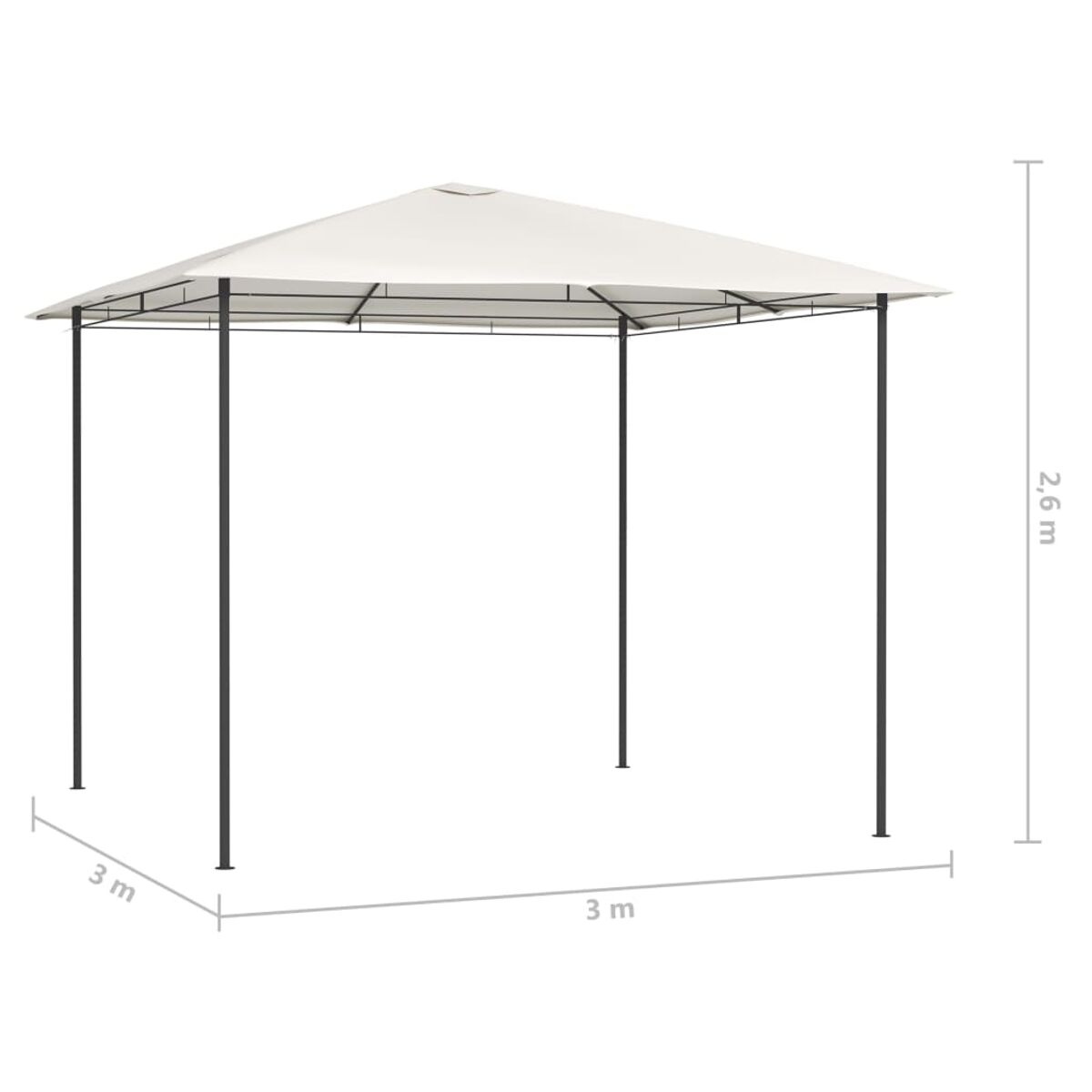 Weißer Pavillon mit schwarzem Rahmen. Abmessungen sind angegeben. Weißer Hintergrund.