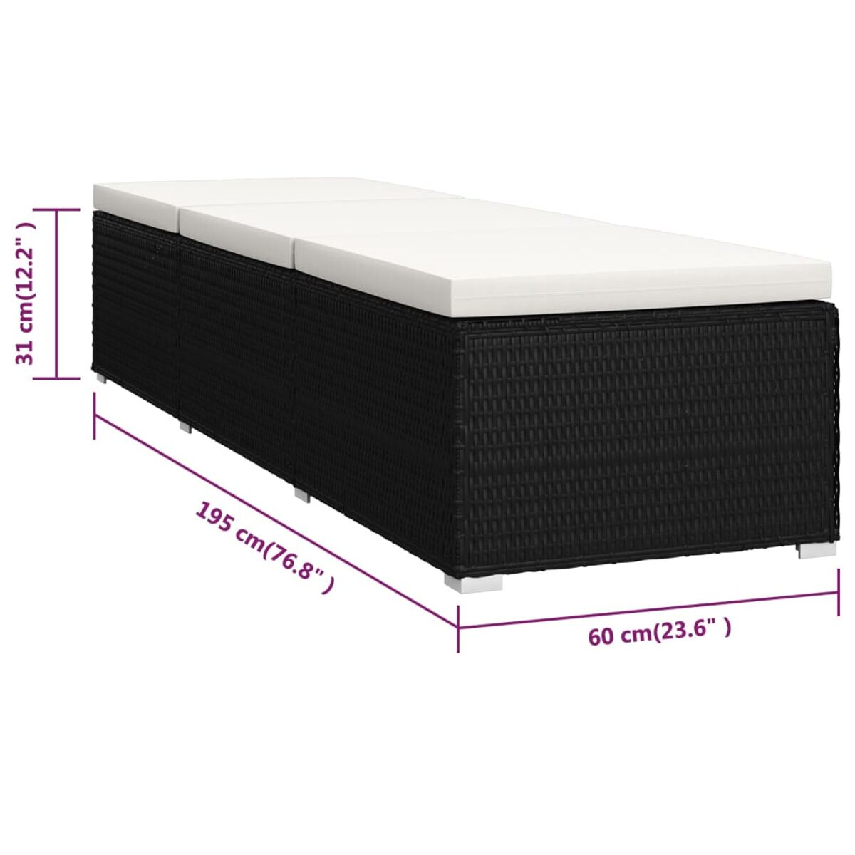 Ein schwarzes Outdoor-Sofa mit weißen Kissen. Die Abmessungen sind mit Maßangaben in cm und Zoll versehen.