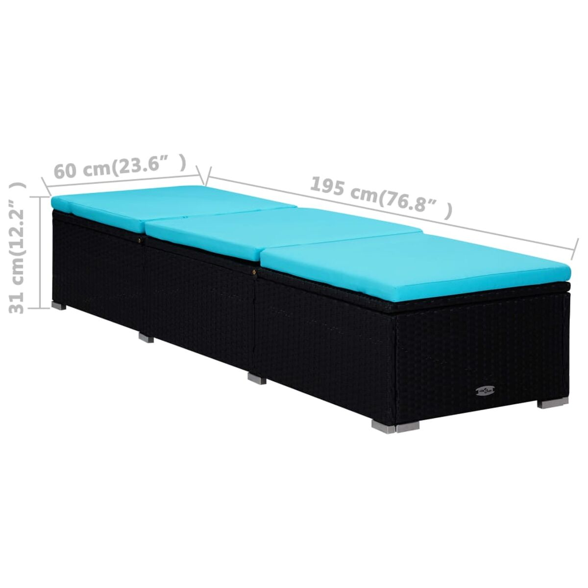 Ein schwarzes Outdoor-Daybed mit türkisfarbenem Kissen. Abmessungen sind in Zentimetern angegeben.