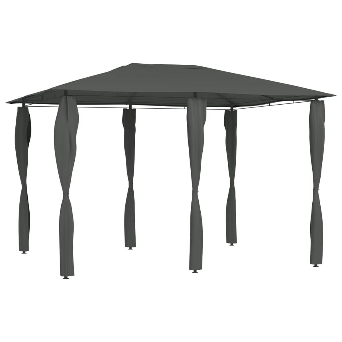 Grauer Pavillon mit grauen Vorhängen. Das Dach ist dunkelgrau und quadratisch.