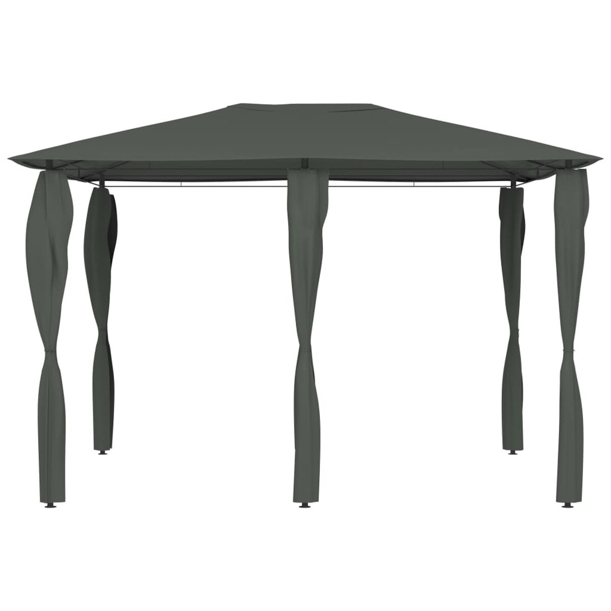 Grauer Outdoor-Pavillon mit grauen Vorhängen und einem grauen Dach. Weißer Hintergrund.