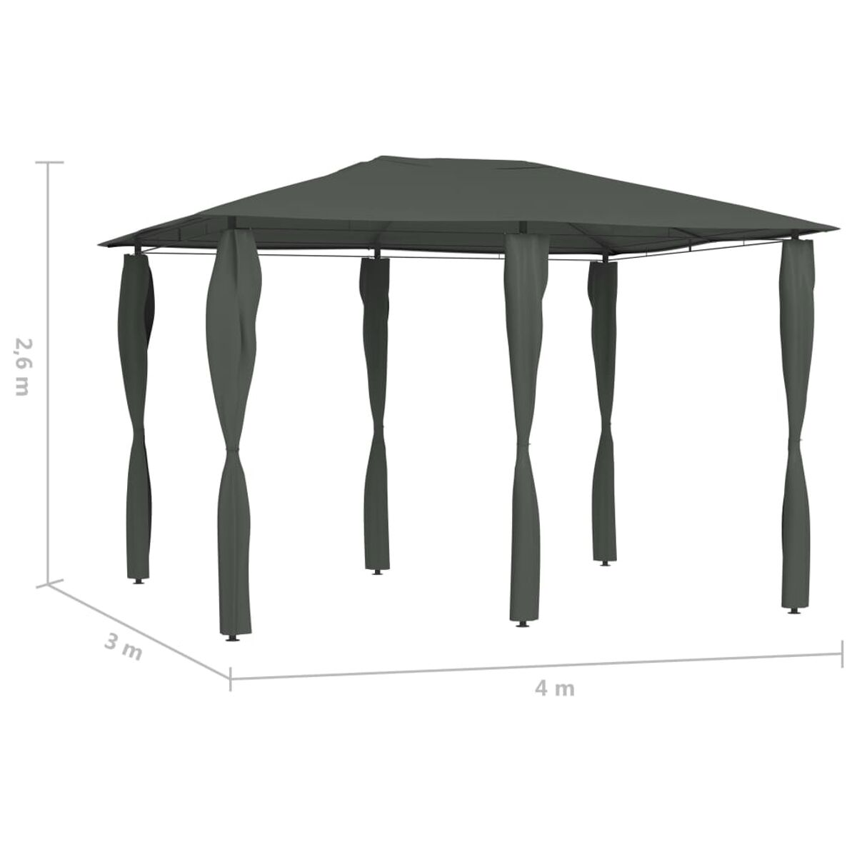 Grauer Pavillon mit Vorhängen. Maße in Metern. Er befindet sich in einem Garten.
